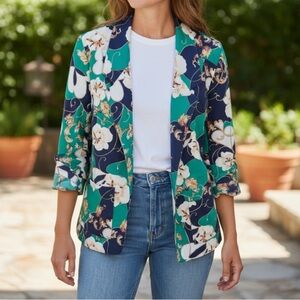 Vintage Pykettes Open Front Blazer Top Navy Green Floral